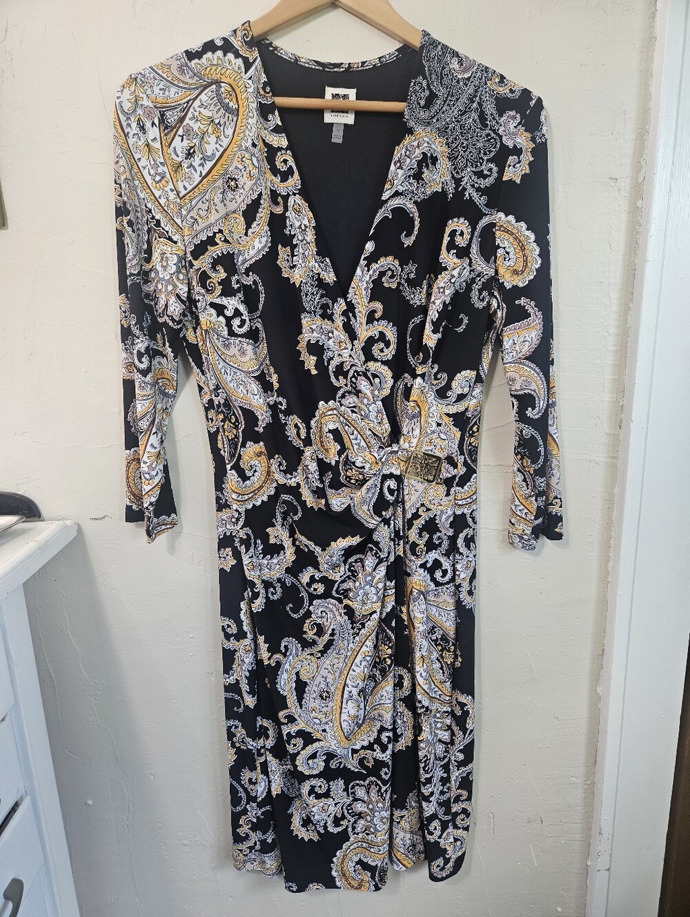 Anne Klein Black Paisley Wrap Dress with Gold Accents Size 12